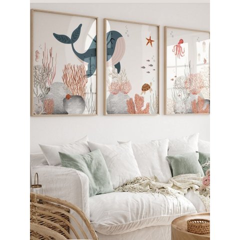 Kit 3 Quadros Infantil Animais Fundo Oceano Quarto Bebê Menino 40x60 Moldura Madeira NO4