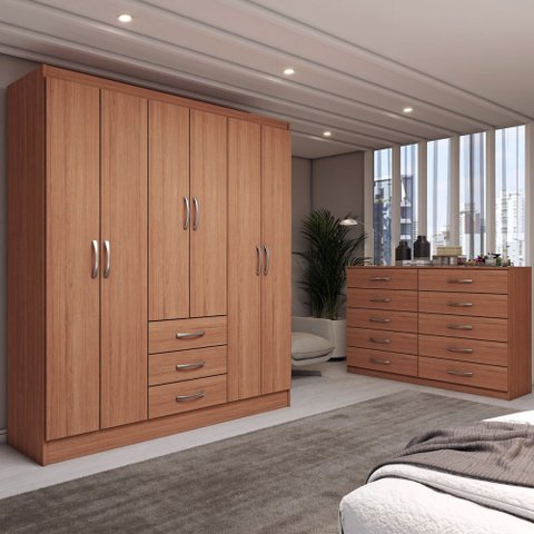 Guarda-roupa Casal Sky 6 Portas 3 Gavetas com Cômoda 10 Gavetas Cinamomo - Panorama Móveis