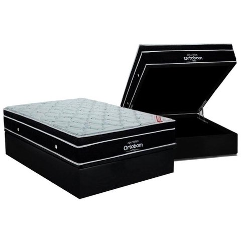 Cama Box Baú Casal: Colchão Molas Ortobom SuperPocket Elegant + Base CRC Suede Black(138x188)