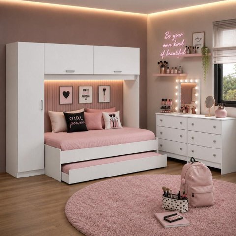 Quarto Infantil Modulado Bicama com Guarda-Roupa e Colchão Incluso/Cômoda Pulse Multimóveis