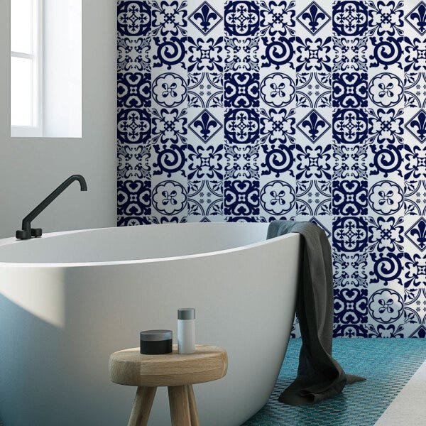 Papel de Parede Adesivo Azulejo Portugues Lisboa Azul e Branco