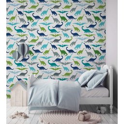 Papel de Parede Adesivo Infantil Dinossauros Azul Verde e Cinza - 1