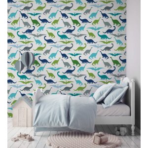 Papel de Parede Adesivo Infantil Dinossauros Azul Verde e Cinza