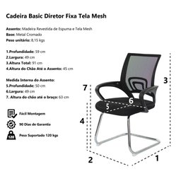Kit 2 Cadeiras Escritório Basic Diretor Fixa Tela Mesh Preta Base Cromada - 2