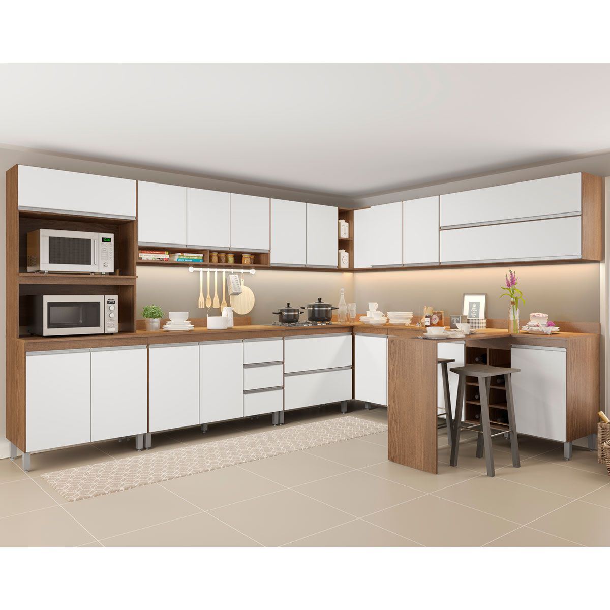 Cozinha Canto Modulada Sabrina C/ Tampo 13 Peças 18 Portas 05 Gv 332/254x195x52 Avelã/Branco TX A04S