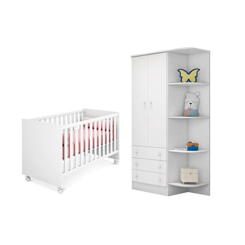 Guarda Roupa Infantil 2 Portas e Berço Mini Cama Americano Doce Sonho Branco – Qmovi
