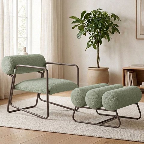 Poltrona com Puff Detroit Bouclé Verde Claro - Nexta Casa