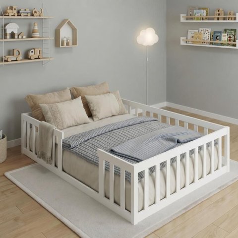 Cama Casal Montessoriana com Colchão Madeira Maciça Branco Repleta