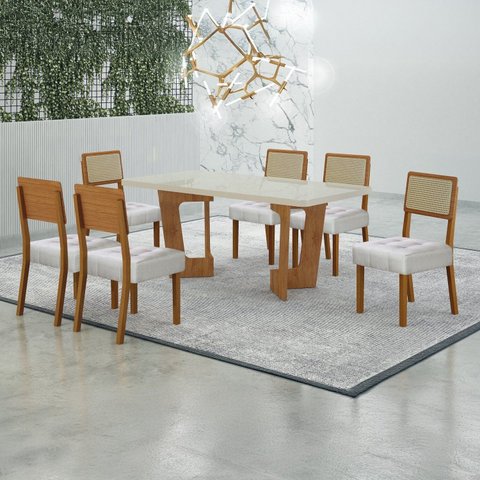 Conjunto Sala de Jantar Mesa 160cm Tampo de 4 cm com 6 Cadeiras Liz Marrom/Cinamomo/Off White/Veludo Palha