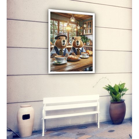 Quadro Decorativo Capivaras Cozinha Café - 70x50cm:moldura Branca