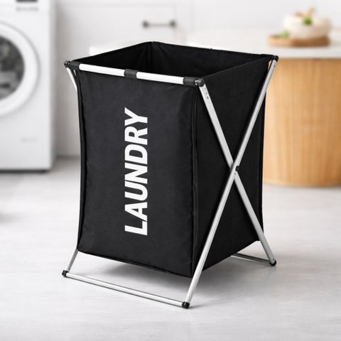 Cesto Organizador Roupa Suja 54cm Preto Dobrável Lavanderia