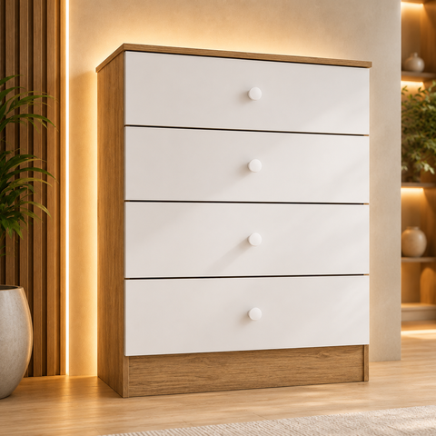 Cômoda Labirinto Henn 4 Gavetas MDF MDP Rústico Branco Organizador Quarto 80cm
