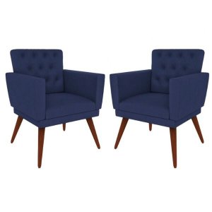 Kit 2 Poltronas Decorativa Pés Palito Nina Encosto Estilo Capitonê Azul Marinho - Sa Móveis