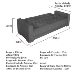 Sofá Cama 3 Lugares Jobim Linho Cinza Escuro - ADJ Decor - 3