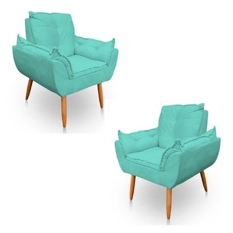 Kit 2 Poltrona Decorativa Opala Pés Palito Sued Azul Turquesa - Kimi Design