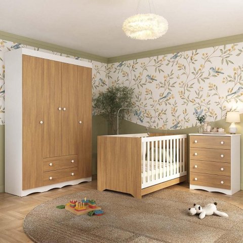 Quarto de Bebê Completo com Berço Americano 3 em 1 Realeza Multimóveis Mp4587 Branco/madeirado