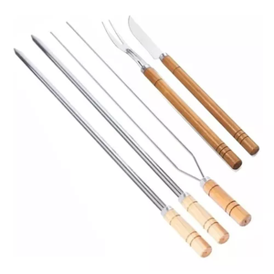 Kit Conjunto Churrasco 5 Peças Inox Gaucho 3 Espetos 85cm