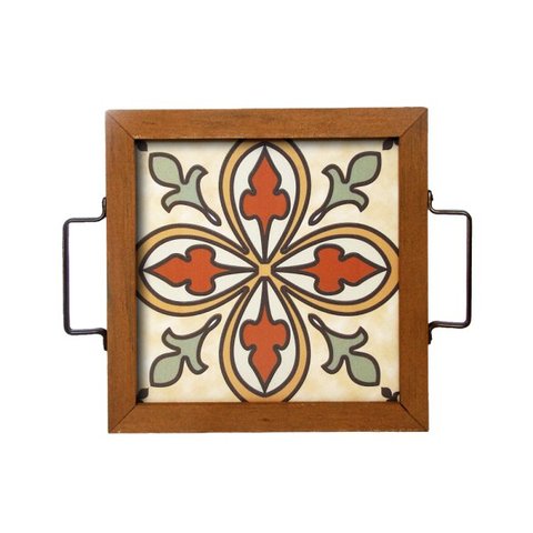 Bandeja Rústica Mini base em cerâmica, moldura em madeira, alças em metal com pintura epóxi.