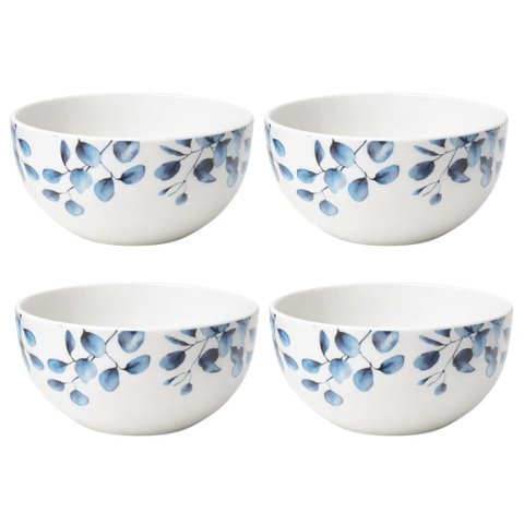 Jogo 4 Tigelas Cerâmica Branca Premium Folhagens Azul Beli Collection 550ml