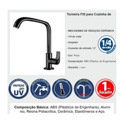 Torneira Cozinha Lorenzetti de Mesa Bica Alta Fitt Preta - 2