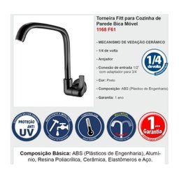 Torneira Cozinha Lorenzetti Parede Bica Alta Fitt Preta - 3
