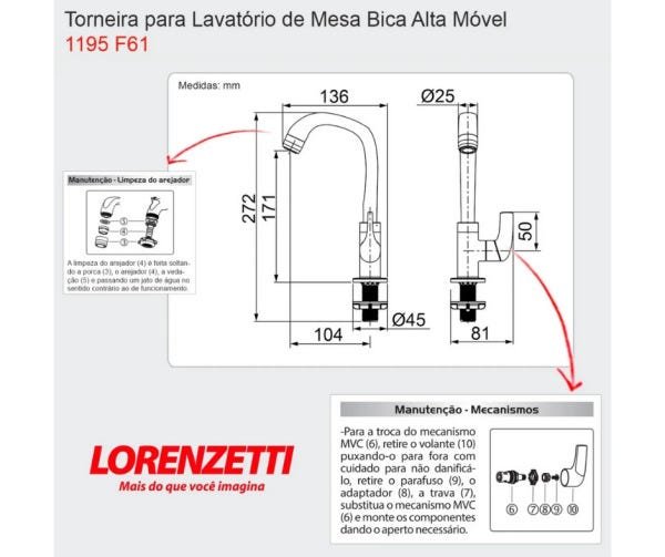 Torneira Lorenzetti F61 Lavatório Bica Móvel Mesa Branca - 3