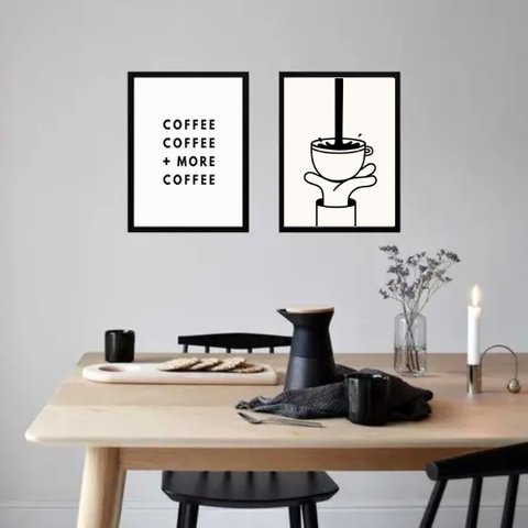 Kit 2 Quadros Minimalistas More Coffee 33x24cm - com Vidro:moldura Branca