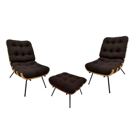 Kit 02 Poltronas e 01 Puff Costela Suede Marrom Escuro