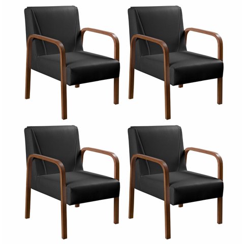 Kit 04 Poltronas Cadeiras Decorativas Anita para Sala Mesa de Jantar Quarto Recepção - Corino Preto