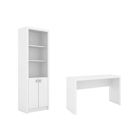 Escritório com Mesa para Computador Simples com Armário Pareteleira 2 Portas Branco - Fdecor