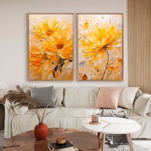 Quadro Decorativo Flores de Primavera em 2 Telas Canvas Tacolado Moldura Flutuante 4,5cm Branca 60 X
