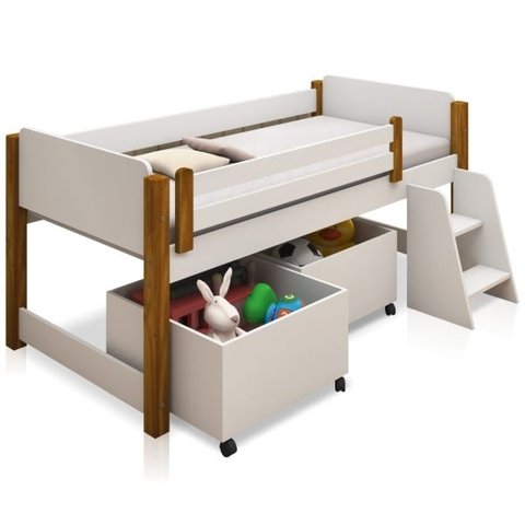 Cama Alta Juvenil Paty com Nichos Branco e Mel