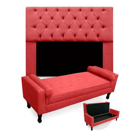 Kit Cabeceira Mirage + Calçadeira Baú Felix Casal 140cm Suede - Ecotec Decor:Vermelho