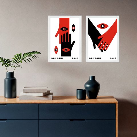 Kit 2 Quadros Decorativos Bauhaus - Mãos Dadas 24x18cm:moldura Branca