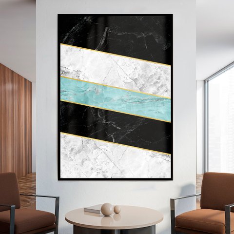 Quadro Decorativo Geométrico Azul e Preto em Moldura Caixa TaColado Moldura Trad 1cm Madeira Escura 