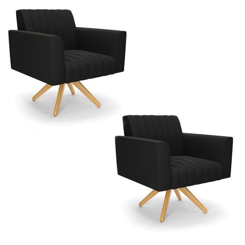 Kit 2 Poltronas Giratória Viena Gomada Suede Preto Base de Madeira MA30 - D’Rossi