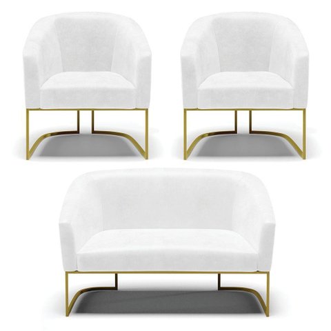 Sofá Namoradeira e 2 Poltronas Base Industrial Dourado Stella Corano D03 - D'Rossi Cor Branco