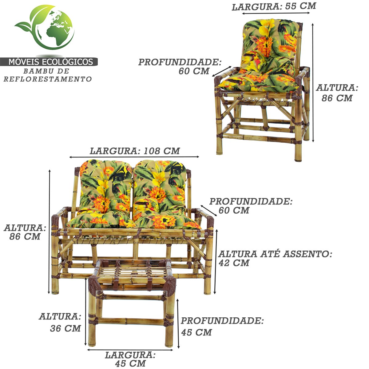 Conjunto Bambu Namoradeira, 02 cadeiras + mesa de centro com almofadas para Área T13 - 3