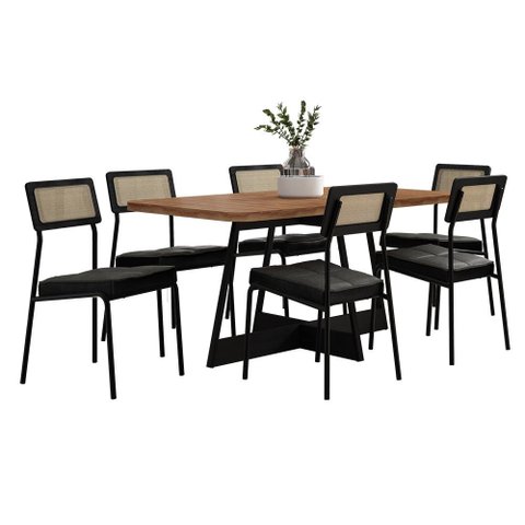 Conjunto Sala de Jantar Filadélfia 6 Cadeiras Carraro Grafite/Preto/Nogal