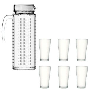 Kit Jarra de Vidro ladrilhos branca 1,2L e 6 copos de vidro
