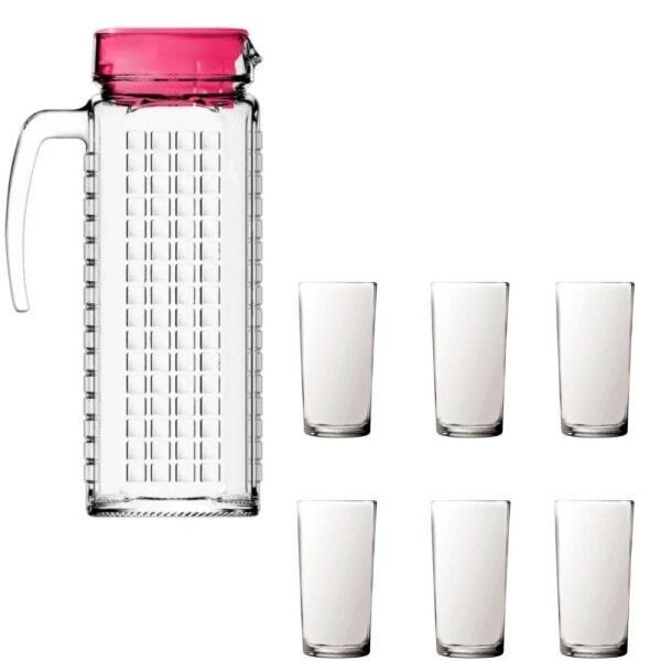 Kit Jarra de Vidro Ladrilhos rosa e 6 copos de vidro long