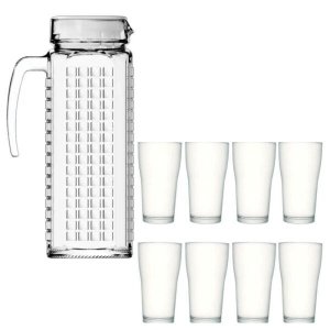 Kit Jarra de Vidro ladrilhos branca 1,2L e 8 copos de vidro