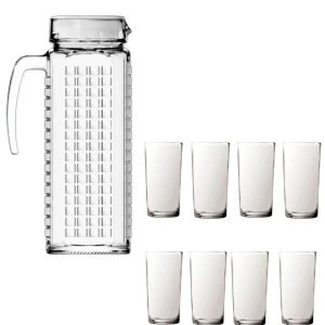 Kit Jarra Vidro ladrilhos branca 1,2L e 8 copos vidro long