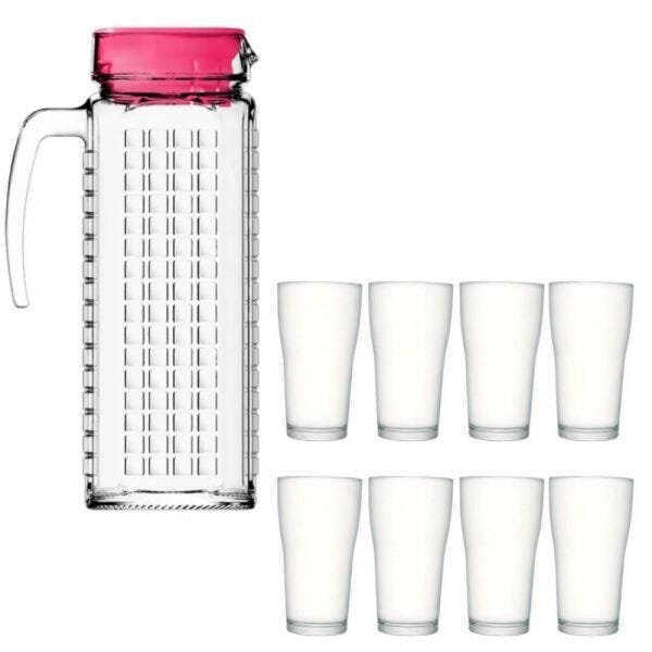 Kit Jarra de Vidro Ladrilhos rosa 1,2L e 8 copos de vidro