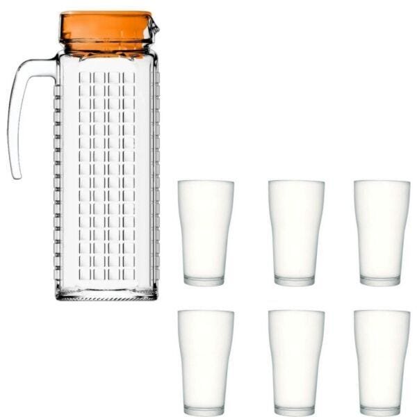 Kit Jarra de Vidro ladrilhos laranja 1,2L e 6 copos de vidro - 1