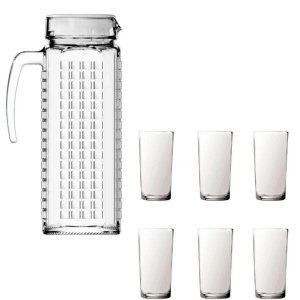 Kit Jarra Vidro ladrilhos branca 1,2L e 6 copos vidro long