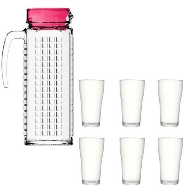 Kit Jarra de Vidro Ladrilhos rosa 1,2L e 6 copos de vidro