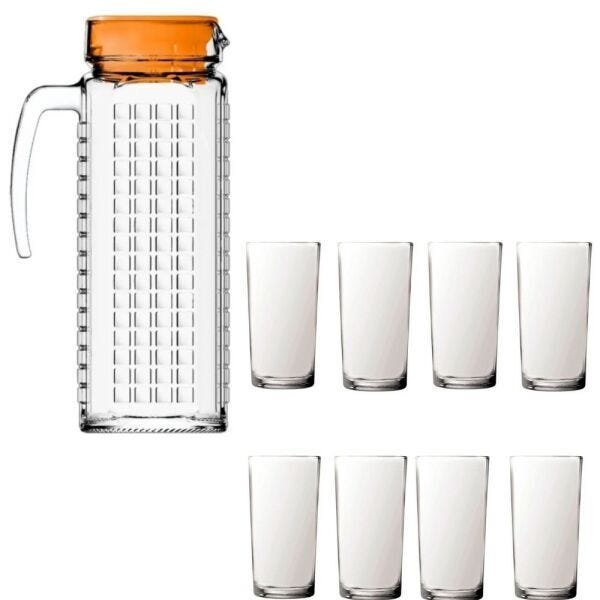 Kit Jarra Vidro Ladrilhos laranja 1,2L e 8 copos vidro long - 1