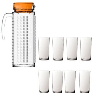 Kit Jarra Vidro Ladrilhos laranja 1,2L e 8 copos vidro long