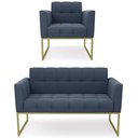 Ver imagem 1 de Sofá Namoradeira e 1 Poltrona Base Industrial Dourado Ana Suede Azul Marinho - Ibiza